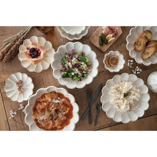 Kaneko Kohyo - Side Dish Bowl - White - Rinka Series - handcrafted Japanese porcelain with scalloped edges displayed with various dishes