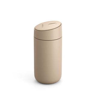 FELLOW Carter Slide Mug 12oz in matte beige with stainless steel body and sliding lid detail