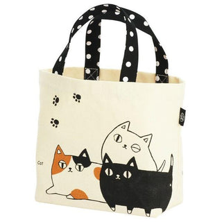 Neko Sankyodai Three Cats Brothers Small Tote Bag with black and white polka dot handles and cotton fabric design