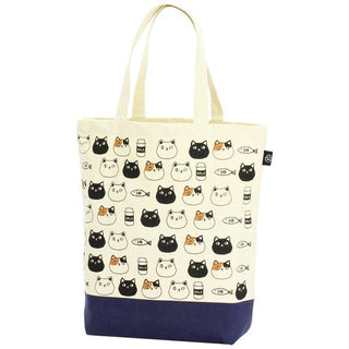 Neko Sankyodai Three Cats Brothers Large Tote Bag with cat faces print on cotton and navy base