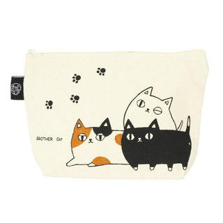 Neko Sankyodai Three Cats Brothers Pouch with three cartoon cats print on natural cotton fabric