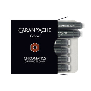 Caran d'Ache Box of 6 Ink Cartridges Fountain Pen with organic brown chromatics color cartridges in black packaging