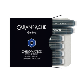 Caran d’Ache Box of 6 Ink Cartridges Fountain Pen in Idyllic Blue with sleek black packaging