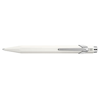 Caran d'Ache 849 Rollerball Pen in white with hexagonal aluminum body and chrome clip details