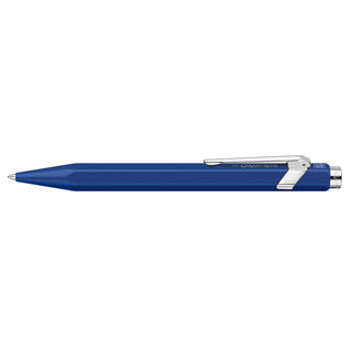 Caran d'Ache 849 Rollerball Pen with hexagonal blue aluminum body and polished clip detail
