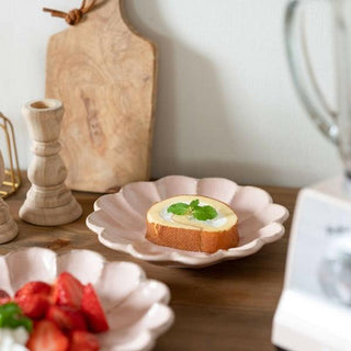 Kaneko Kohyo - Small Plate - Pink - Rinka Series - handcrafted Japanese Mino ware with scalloped edges holding dessert