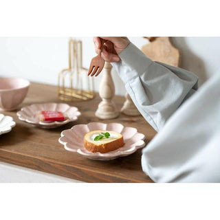 Kaneko Kohyo - Small Plate - Pink - Rinka Series - Handcrafted Japanese Mino Ware with dessert and wooden fork on wooden table