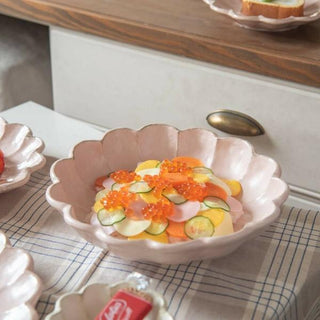 Kaneko Kohyo - Donburi Bowl - Pink - Rinka Series - Handcrafted Japanese Mino Ware with scalloped edges holding colorful vegetables and roe