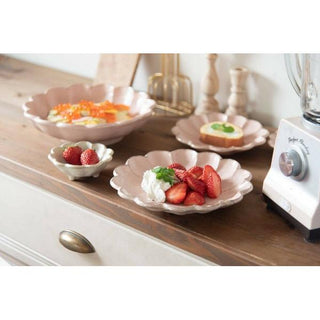 Kaneko Kohyo - Donburi Bowl - Pink - Rinka Series - hand-painted porcelain bowls with scalloped edges on wooden countertop