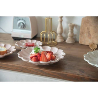Kaneko Kohyo - Main Plate - Pink - Rinka Series - Handcrafted Japanese Mino Ware with strawberries and cream on rustic wooden surface