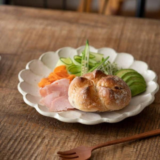 Kaneko Kohyo - Main Plate - White - Rinka Series - handcrafted porcelain plate with scalloped edges serving bread and vegetables