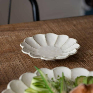Kaneko Kohyo - Small Plate - White - Rinka Series - Handcrafted Japanese Mino Ware with scalloped edges on wood table
