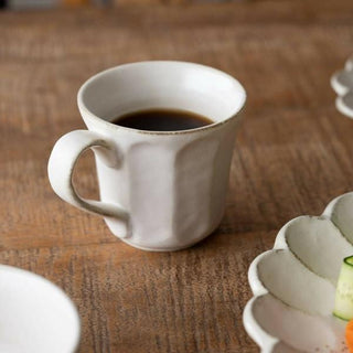 Kaneko Kohyo - Mug - White - Rinka Series - Handcrafted Japanese Mino Ware porcelain coffee cup on wood surface