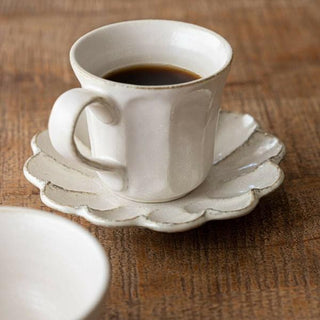 Kaneko Kohyo - Mug - White - Rinka Series - Handcrafted Japanese Mino Ware porcelain cup with textured saucer