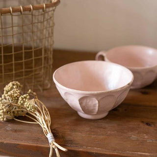 Kaneko Kohyo - Rice Bowl - Pink - Rinka Series handcrafted Japanese Mino Ware with textured rim on wooden table