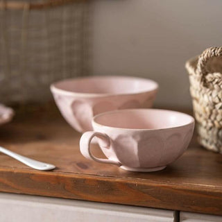 Kaneko Kohyo - Mug - Pink - Rinka Series - Handcrafted Japanese Mino Ware porcelain cup with textured surface on wooden table