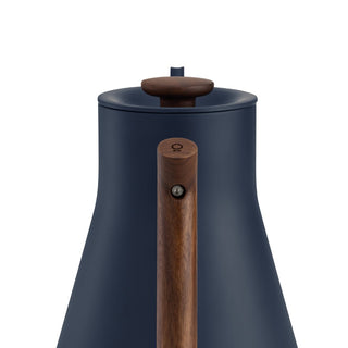 Fellow Stagg EKG Pro Electric Pour Over Kettle (120V) with matte navy steel and wooden handle close-up