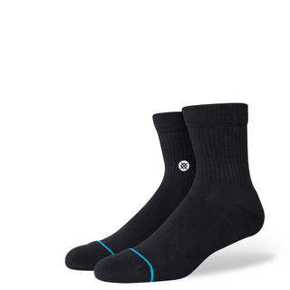 Black STANCE ICON QUARTER SOCKS with turquoise toe accents and ribbed texture, standing side by side