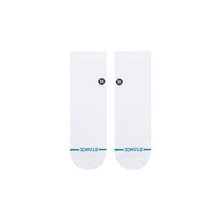 White STANCE ICON QUARTER SOCKS with black logo near cuff and turquoise brand name on toe area