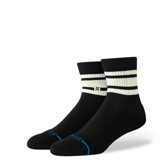 Black STANCE BOYD QUARTER SOCKS with white stripes and blue toe detail made of combed cotton blend