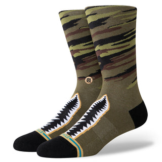 STANCE CAMO WARBIRD CREW SOCKS in green camo pattern with black toe and detailed embroidered design on front