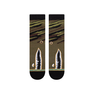 STANCE CAMO WARBIRD CREW SOCKS with green camo pattern and shark tooth graphic on ankle area