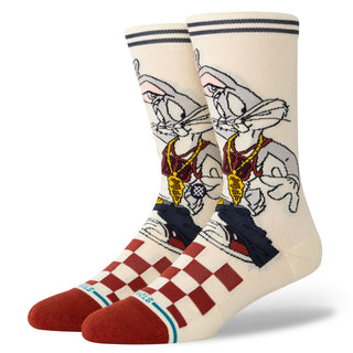 Cream LOONEY TUNES X STANCE BUGS CREW SOCKS with red checkered toe and Bugs Bunny graphic design