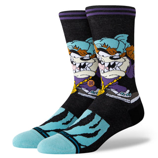 LOONEY TUNES X STANCE TAZ CREW SOCKS with blue and black tiger stripes and cartoon character design