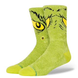 THE GRINCH X STANCE DA DA DA GRINCH CREW SOCKS in green with yellow eyes and soft polyester blend texture