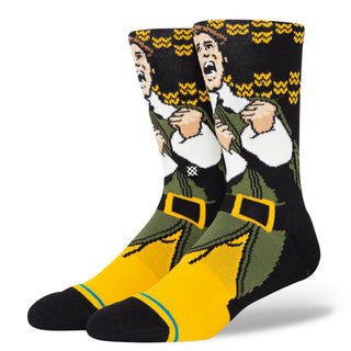 ELF X STANCE SMILING'S MY FAVORITE CREW SOCKS featuring vibrant elf design with yellow and black cotton blend fabric