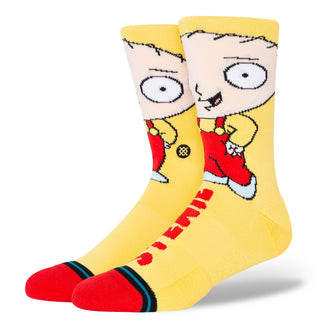 FAMILY GUY X STANCE STEWIE CREW SOCKS featuring yellow cotton blend with Stewie graphic and red toe accents