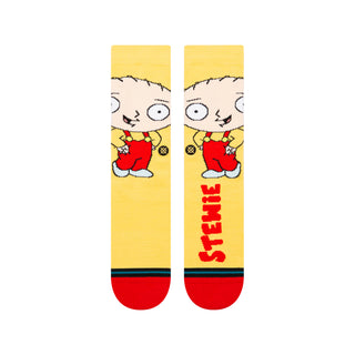 FAMILY GUY X STANCE STEWIE CREW SOCKS featuring cartoon character on yellow with red toes and logo text