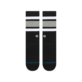 STANCE BOYD CREW SOCKS in black with white and gray stripes featuring a logo emblem and cushioned cotton blend material
