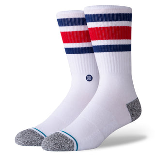 STANCE BOYD CREW SOCKS white with red and navy stripes and cushioned gray toe and heel sections