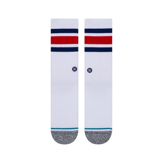 STANCE BOYD CREW SOCKS in white with red and navy stripes and cushioned gray toe detailing