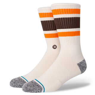 STANCE BOYD CREW SOCKS in white with orange and brown stripes and reinforced gray toe detail