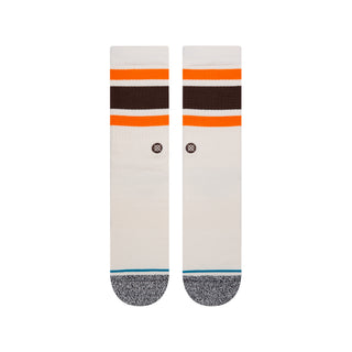 STANCE BOYD CREW SOCKS in cream with orange and brown stripes and speckled gray toe detailing