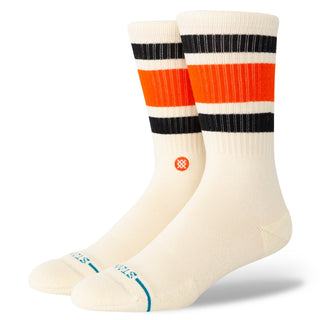 STANCE BOYD CREW SOCKS in cream with black and orange stripes, ribbed texture, and cushioned sole
