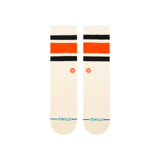 STANCE BOYD CREW SOCKS in cream with black and orange stripes and STANCE logo on toe area