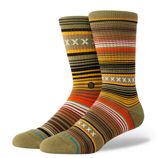 STANCE CURREN CREW SOCKS in earthy tones with striped and cross stitch pattern, ribbed texture and cushioned sole