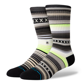 STANCE CURREN CREW SOCKS featuring black and gray striped pattern with neon green accents and cushioned toe area