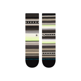 STANCE CURREN CREW SOCKS with black, beige, and neon green horizontal stripes and logo on cuff
