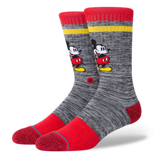 DISNEY X STANCE VINTAGE 2020 CREW SOCKS featuring red accents and classic Mickey Mouse on gray combed cotton blend