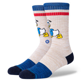 DISNEY X STANCE VINTAGE 2020 CREW SOCKS featuring blue and red stripes with Donald Duck design and combed cotton blend
