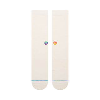 ENCIRCLE X STANCE LOVE CREW SOCKS in cream with small colorful heart logos and blue toe stitching