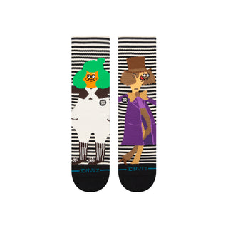 WILLY WONKA BY JAY HOWELL X STANCE OOMPA LOOMPA CREW SOCKS with striped background and colorful character designs
