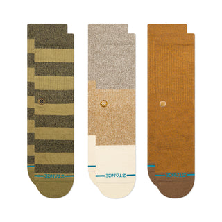 STANCE CUBICAL CREW SOCKS 3 PACK in earth tones with striped and solid colorblock patterns