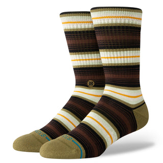 STANCE HASSAGORE CREW SOCKS with striped pattern in olive, brown, and cream tones, cotton blend fabric
