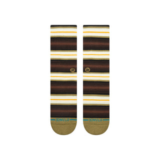 STANCE HASSAGORE CREW SOCKS laid flat showing brown, white, and yellow horizontal stripes with olive toes and heels