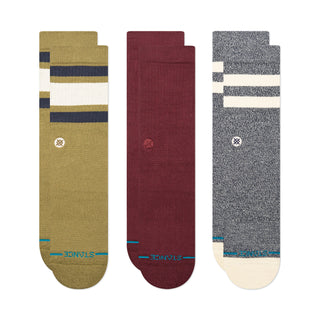 STANCE ICON MIXED CREW SOCKS 3 PACK in olive, burgundy, and grey with striped and solid cotton blend design